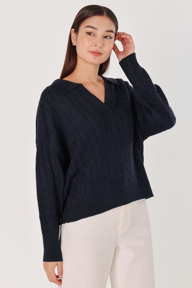 REESE COLLARED CABLE KNIT SWEATER (NAVY)