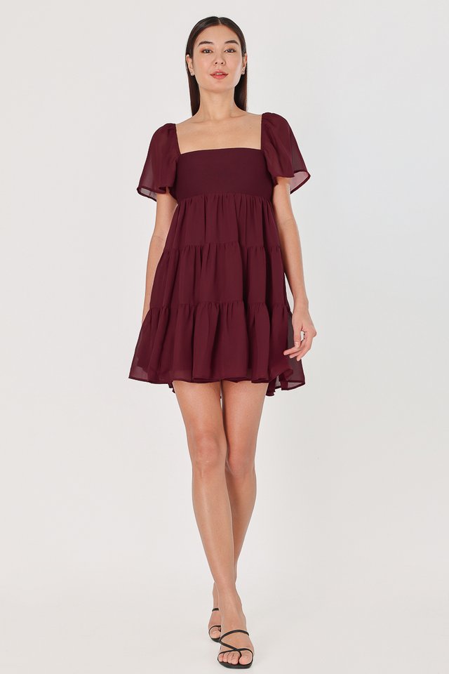 BETTY PADDED CHIFFON CONTRAST FLUTTER SLEEVE BABYDOLL DRESS (WINE)