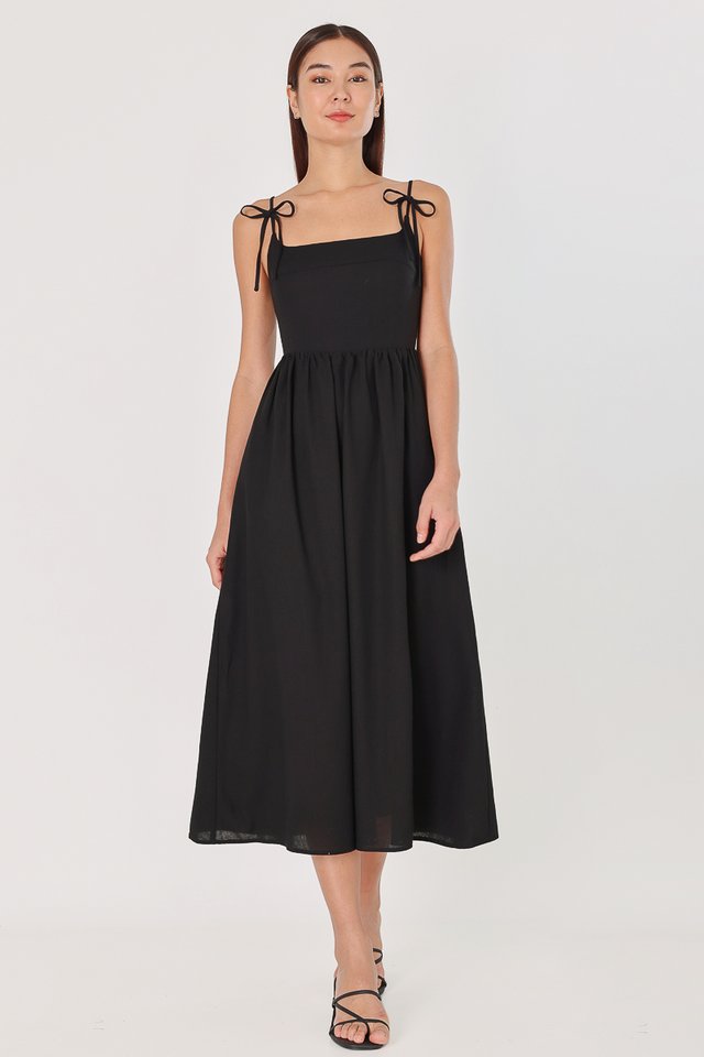 MAELYNN PADDED LINEN FRONT RIBBON-TIE MIDAXI DRESS (BLACK)