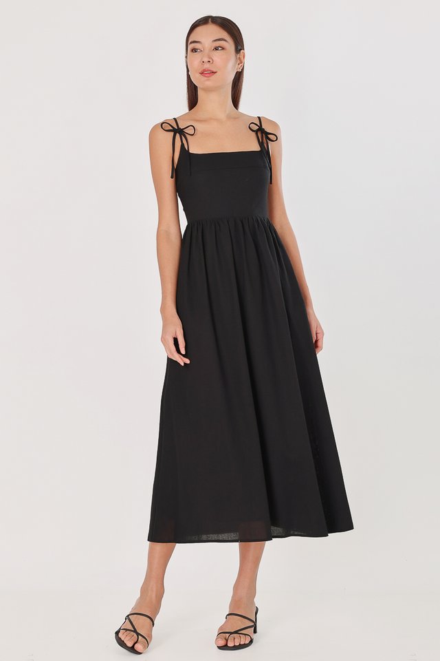 MAELYNN PADDED LINEN FRONT RIBBON-TIE MIDAXI DRESS (BLACK)