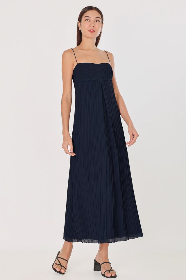 ROSANA PADDED PLEATED MAXI DRESS (NAVY)