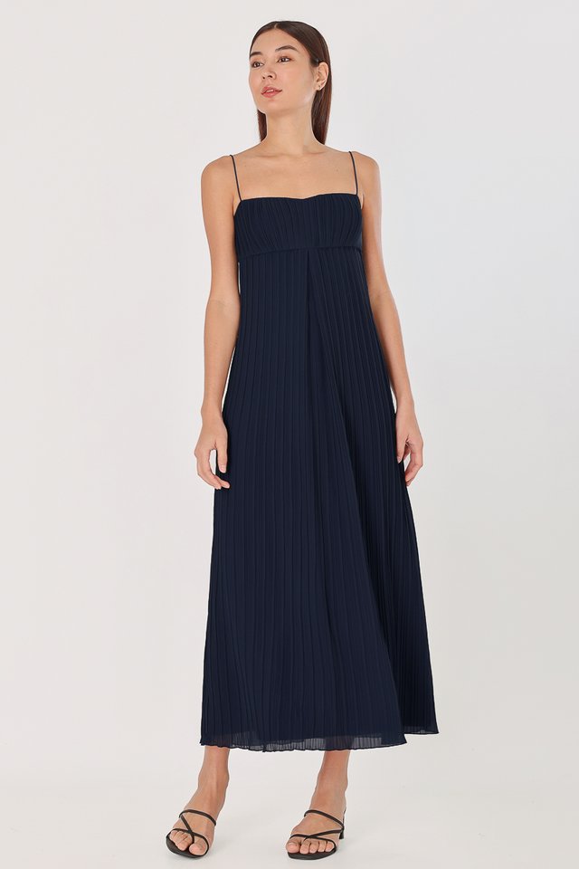 ROSANA PADDED PLEATED MAXI DRESS (NAVY)