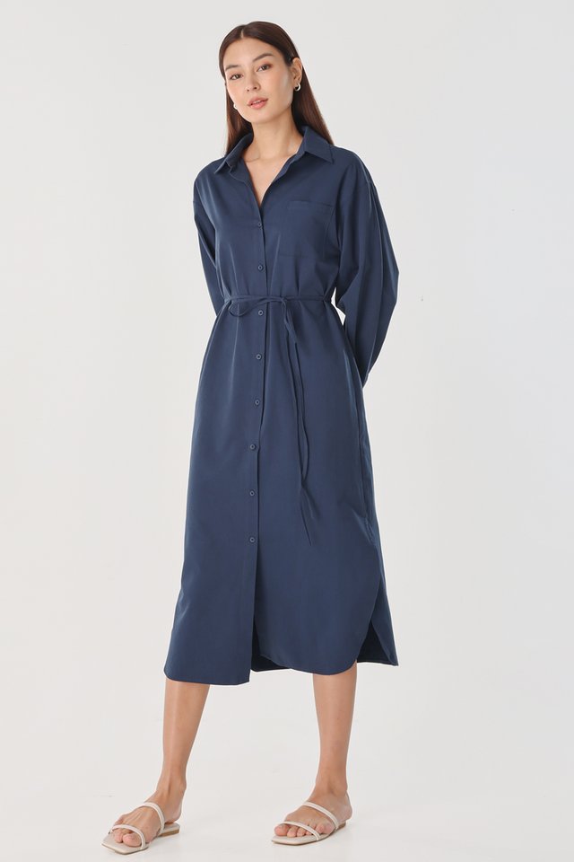 DOREEN BUTTON MIDAXI SHIRT DRESS (OXFORD NAVY)