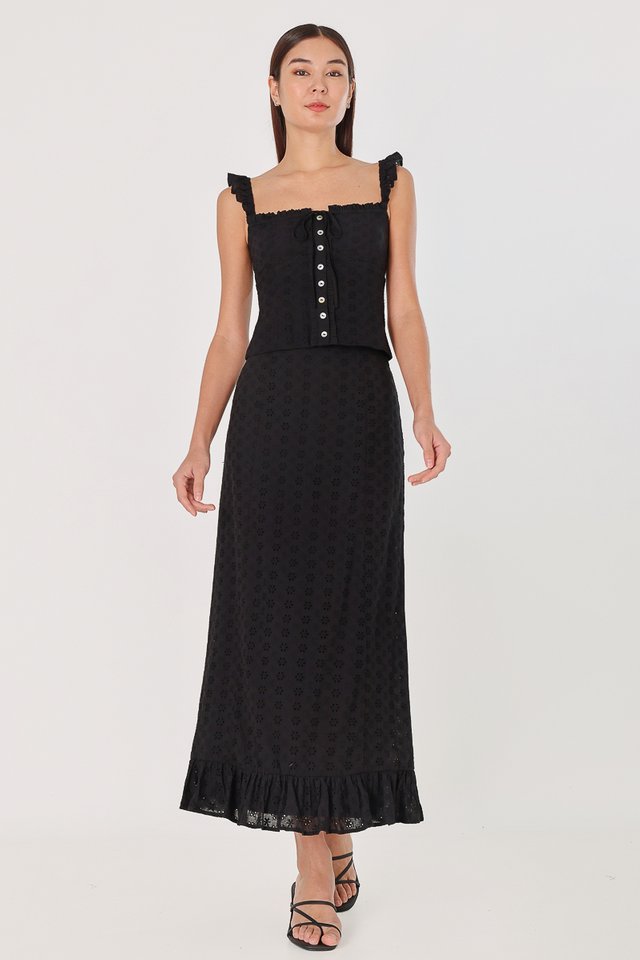 ARIELLA EYELET RUFFLE HEM BACK SLIT COLUMN MAXI SKIRT (BLACK)