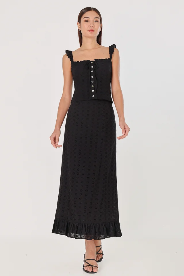 ARIELLA EYELET RUFFLE HEM COLUMN MAXI SKIRT (BLACK)