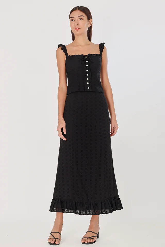 ARIELLA EYELET RUFFLE HEM COLUMN MAXI SKIRT (BLACK)