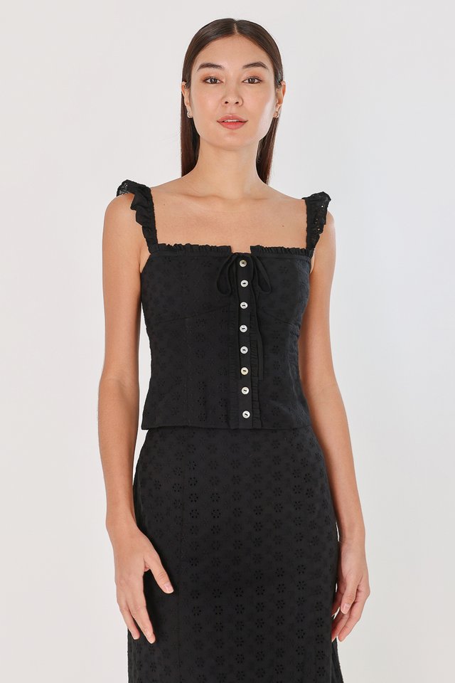 ARIELLA PADDED EYELET RUFFLE STRAP BUTTON TOP (BLACK)