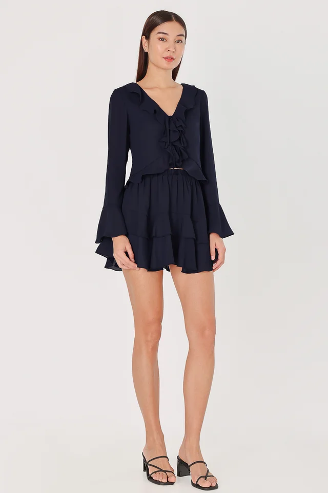 QUINN CHIFFON RUFFLE RIBBON SLEEVE TOP (NAVY)