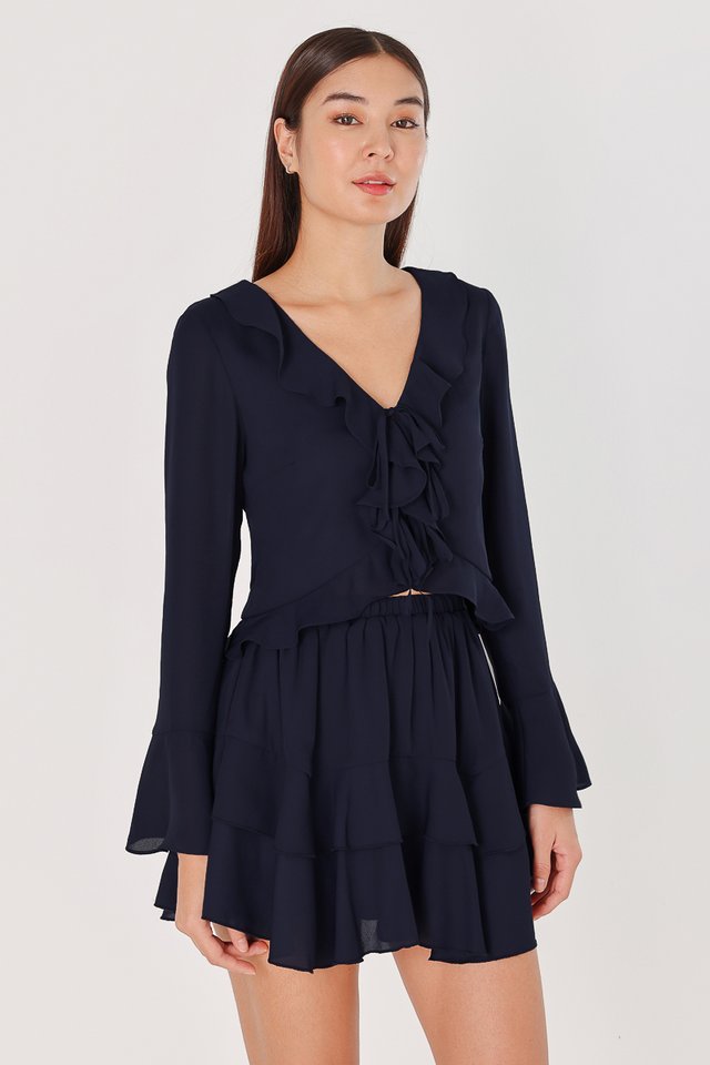 QUINN CHIFFON RUFFLE RIBBON SLEEVE TOP (NAVY)