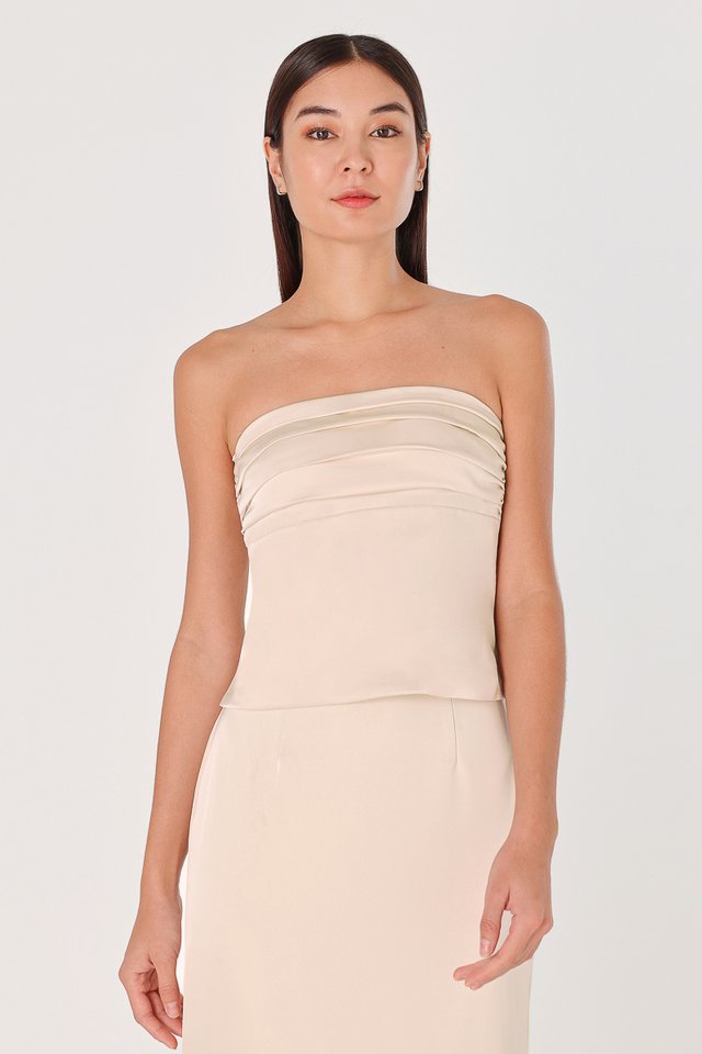 GEORGINE PADDED SATIN RUCHED TWO-WAY TOP (CHAMPAGNE)