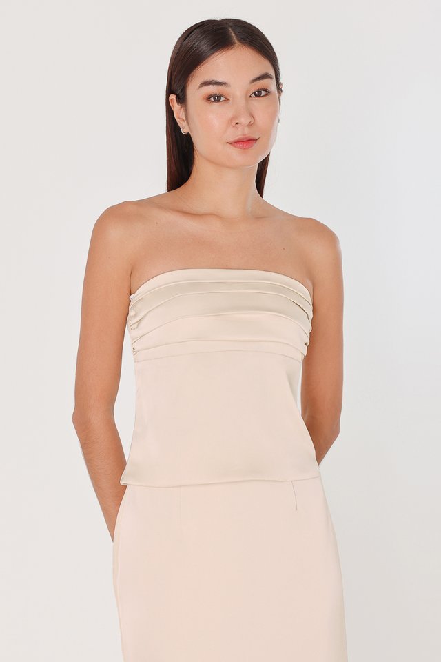 GEORGINE PADDED SATIN RUCHED TWO-WAY TOP (CHAMPAGNE)