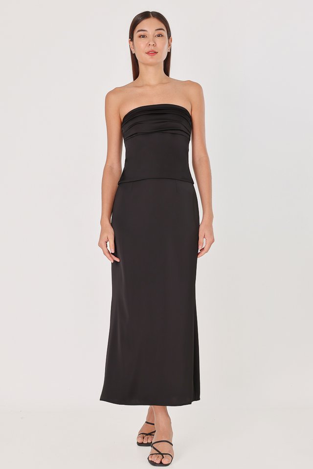 GEORGINE SATIN BACK SLIT MAXI SKIRT (BLACK)