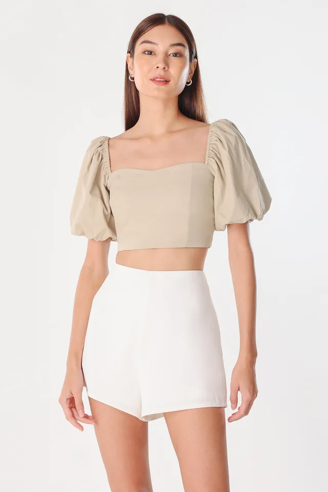 VELDA PUFF SLEEVE PADDED SWEETHEART TOP (LINEN)