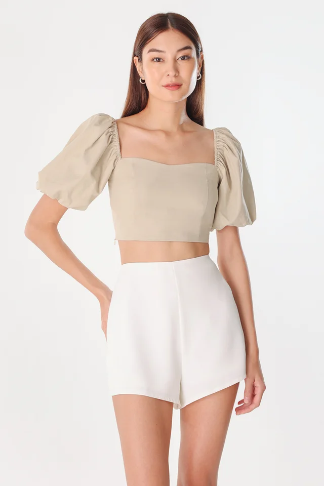 VELDA PUFF SLEEVE PADDED SWEETHEART TOP (LINEN)