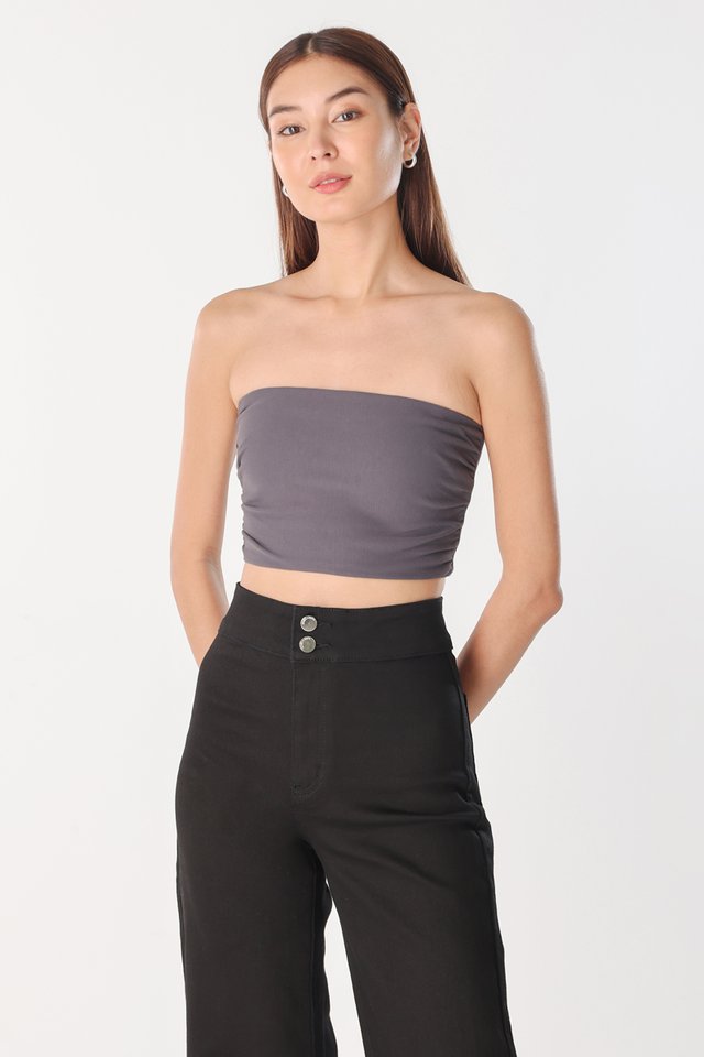 NALIA PADDED SIDE RUCHED 2-WAY TOP (GUNMETAL)