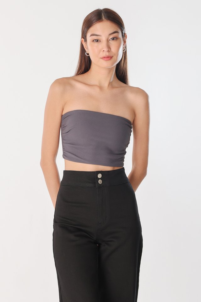 NALIA PADDED SIDE RUCHED 2-WAY TOP (GUNMETAL)