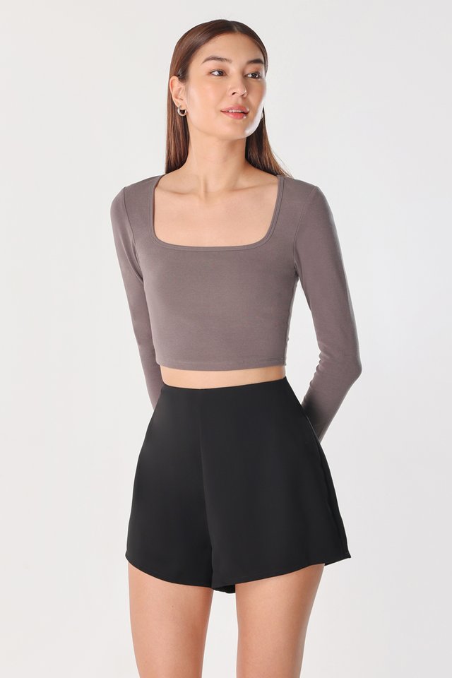 JOELLE PADDED SQUARE NECK LONG SLEEVE JERSEY CROP TOP (SHADOW GREY)