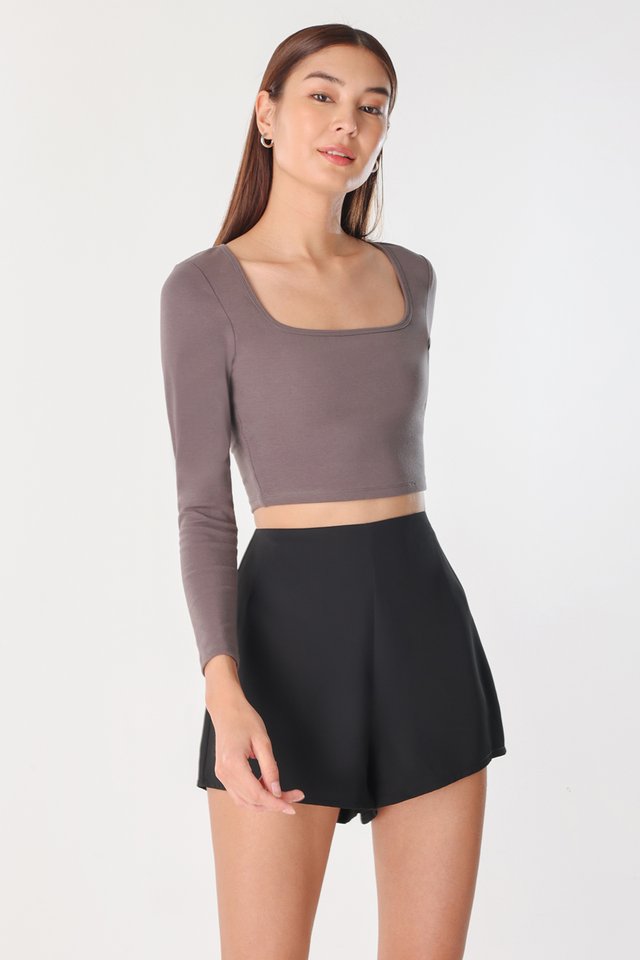 JOELLE PADDED SQUARE NECK LONG SLEEVE JERSEY CROP TOP (SHADOW GREY)