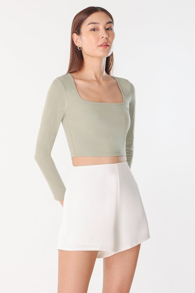 JOELLE PADDED SQUARE NECK LONG SLEEVE JERSEY CROP TOP (GUACAMOLE)