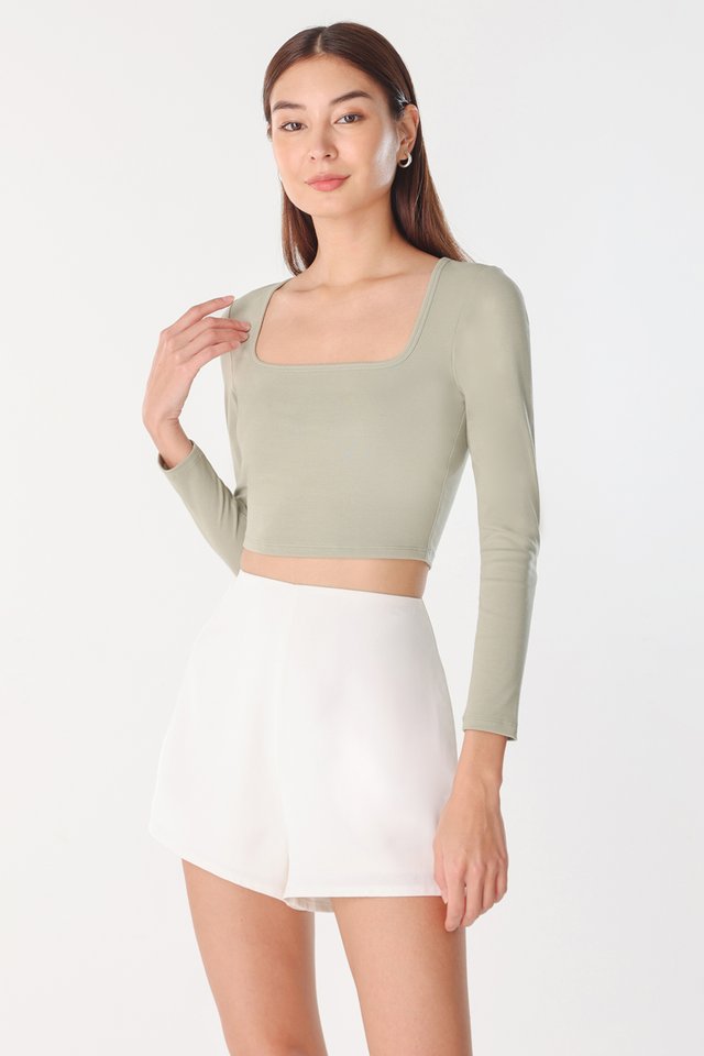 JOELLE PADDED SQUARE NECK LONG SLEEVE JERSEY CROP TOP (GUACAMOLE)