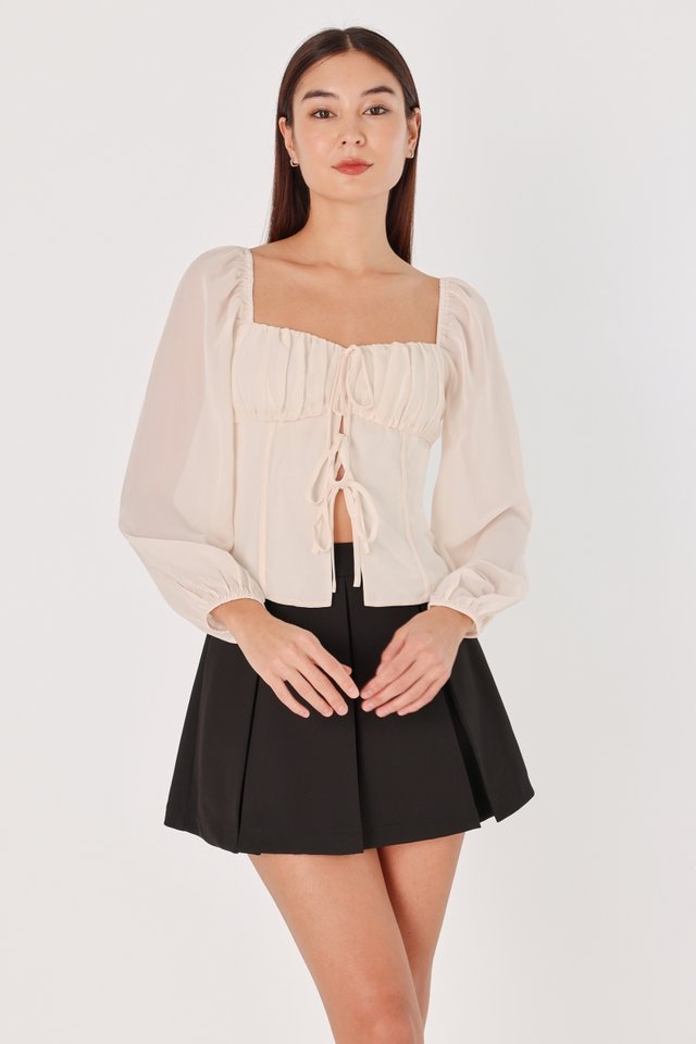 TASMINE PADDED CHIFFON RIBBON-TIE LONG SLEEVE TOP (CHAMPAGNE)