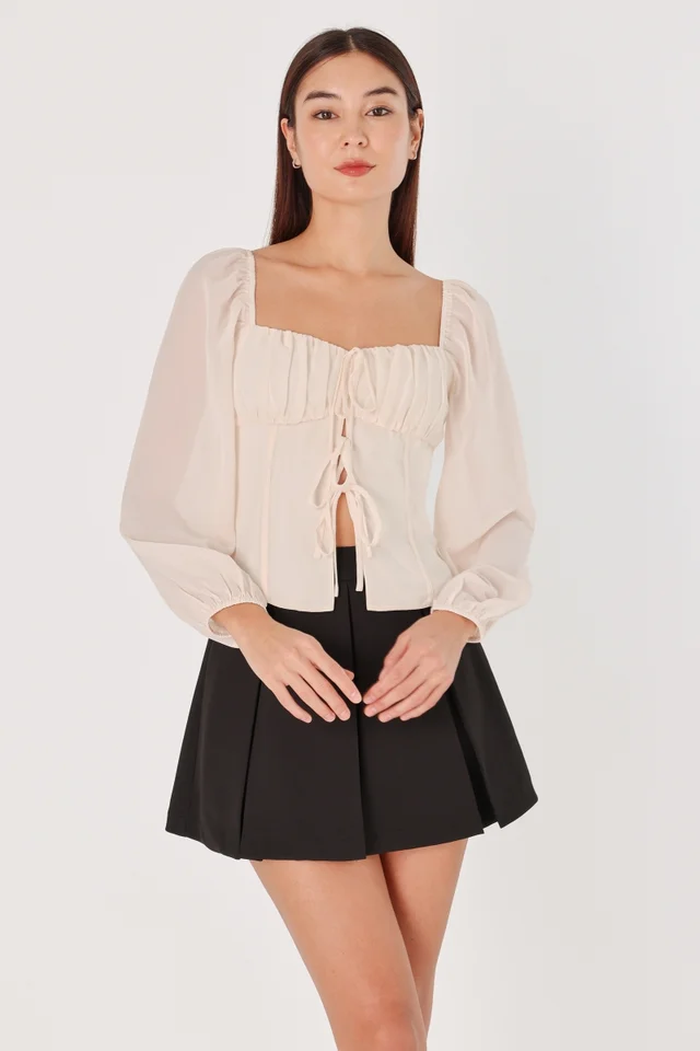 TASMINE PADDED CHIFFON RIBBON-TIE LONG SLEEVE TOP (CHAMPAGNE)