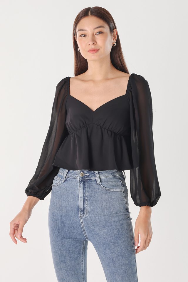 DAPHNE V-NECK CHIFFON LONG SLEEVE BABYDOLL TOP (BLACK)