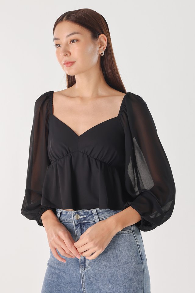 DAPHNE V-NECK CHIFFON LONG SLEEVE BABYDOLL TOP (BLACK)