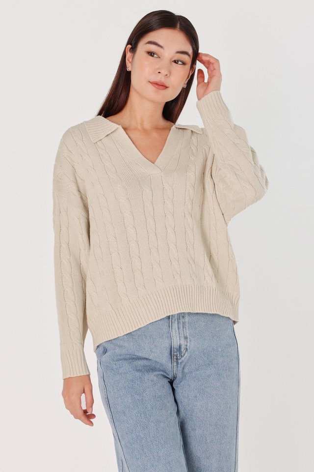 REESE COLLARED CABLE KNIT SWEATER (OAT)