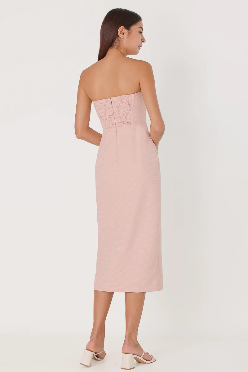 JAZELLE PADDED TWEED SWEETHEART TUBE MIDAXI DRESS (PINK) | Lovet