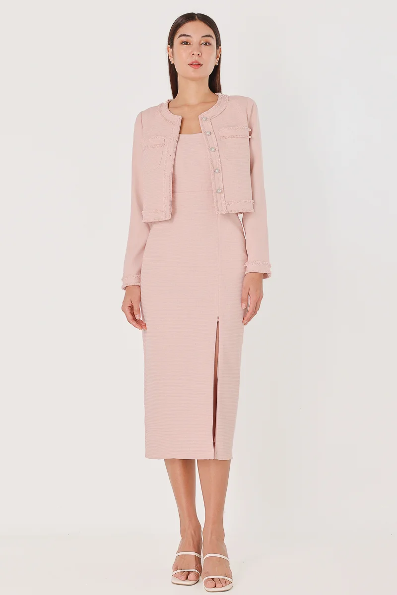 JAZELLE PADDED TWEED SWEETHEART TUBE MIDAXI DRESS (PINK) | Lovet