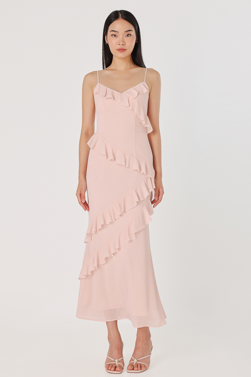 【新品未使用】tulle drape spangle dress VIOLA PADDED CHIFFON RUFFLE DRAPE MAXI DRESS (PINK) | Lovet