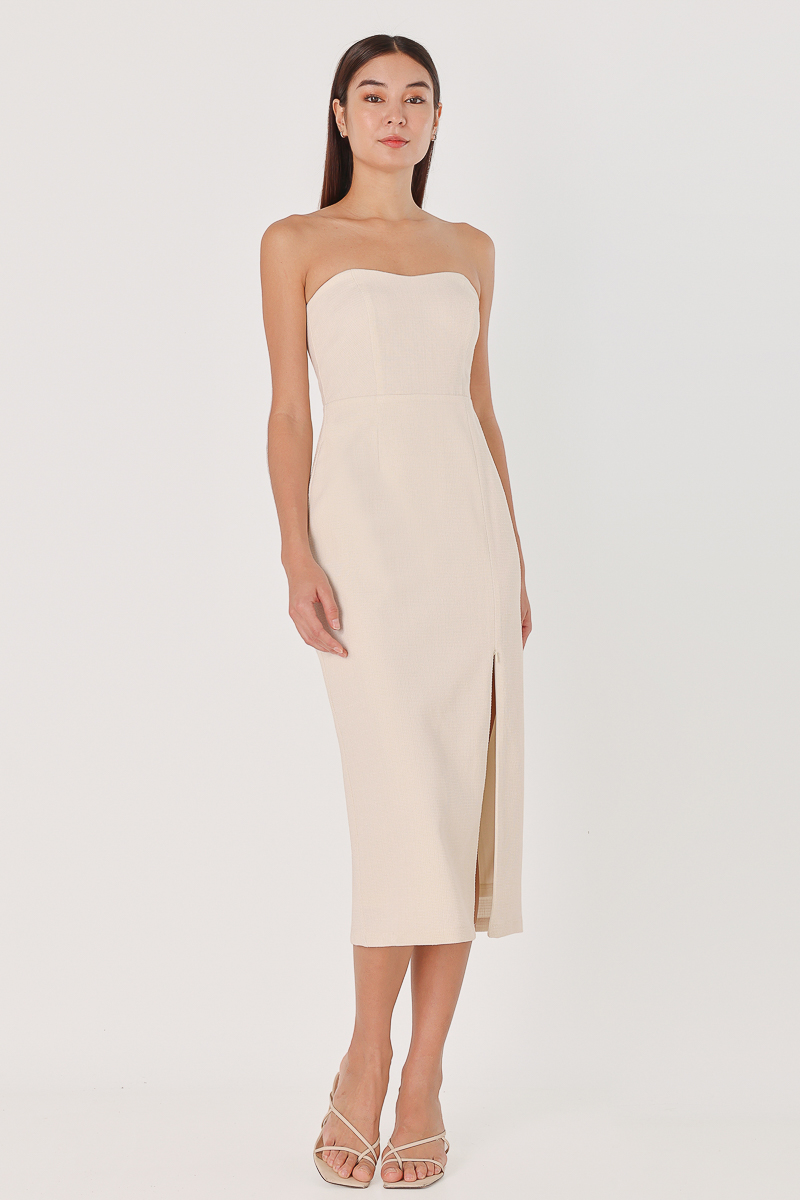 JAZELLE PADDED TWEED SWEETHEART TUBE MIDAXI DRESS (CHAMPAGNE) | Lovet