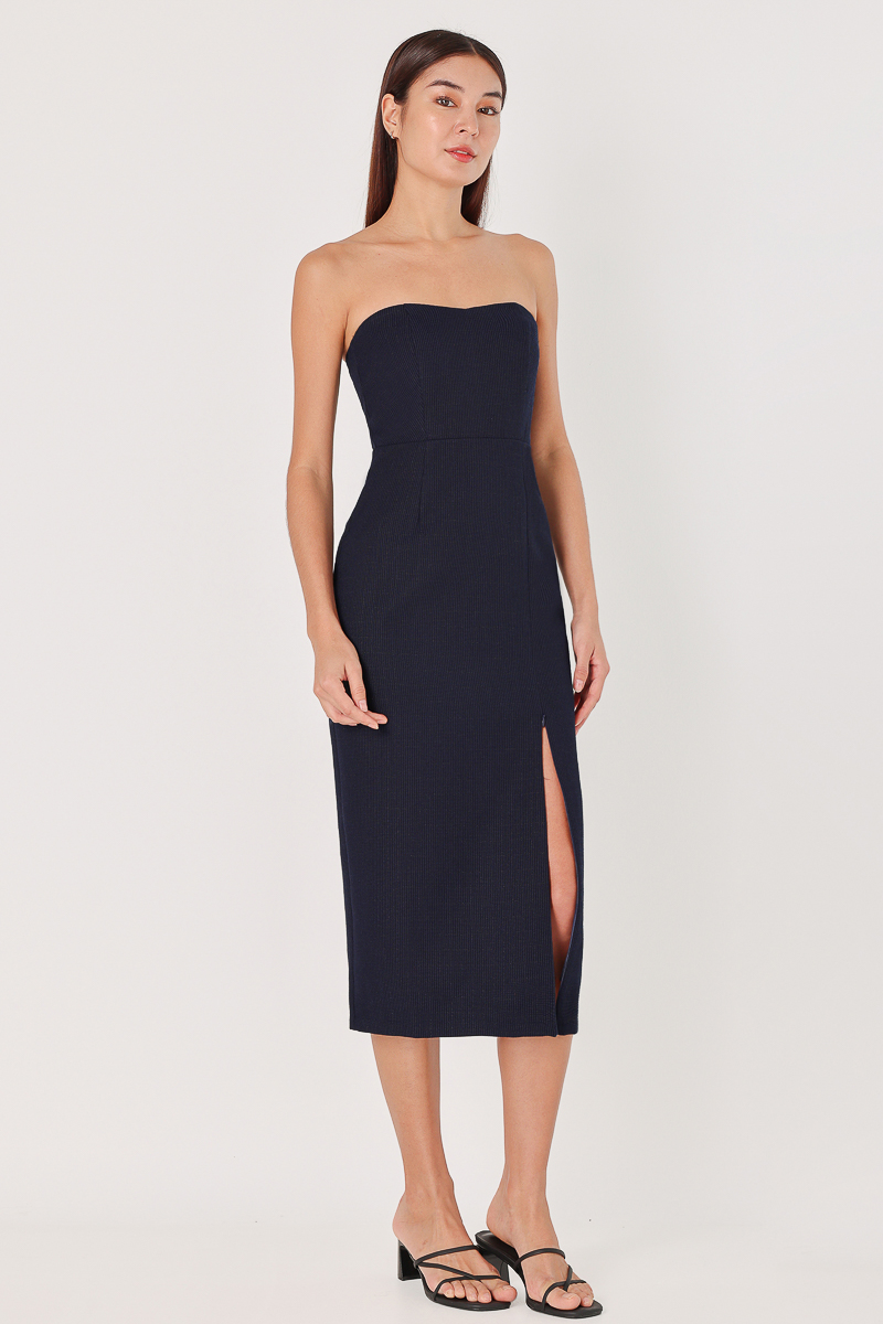 JAZELLE PADDED TWEED SWEETHEART TUBE MIDAXI DRESS (NAVY) | Lovet