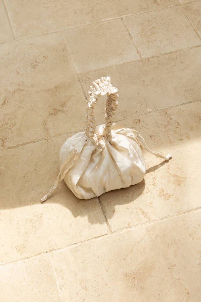 SERENITY FLORAL SATIN RUCHED DUMPLING BAG (CHAMPAGNE)