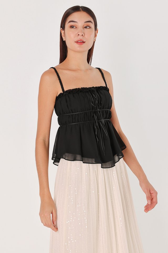 NIZZI PADDED CHIFFON RUCHED RIBBON STRAP TOP (BLACK)