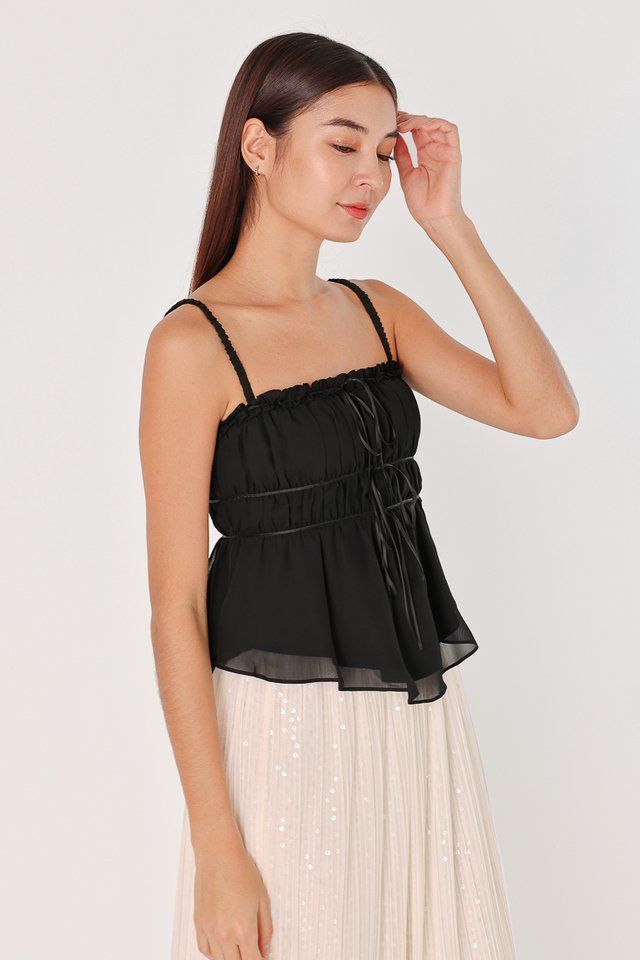 NIZZI PADDED CHIFFON RUCHED RIBBON STRAP TOP (BLACK)