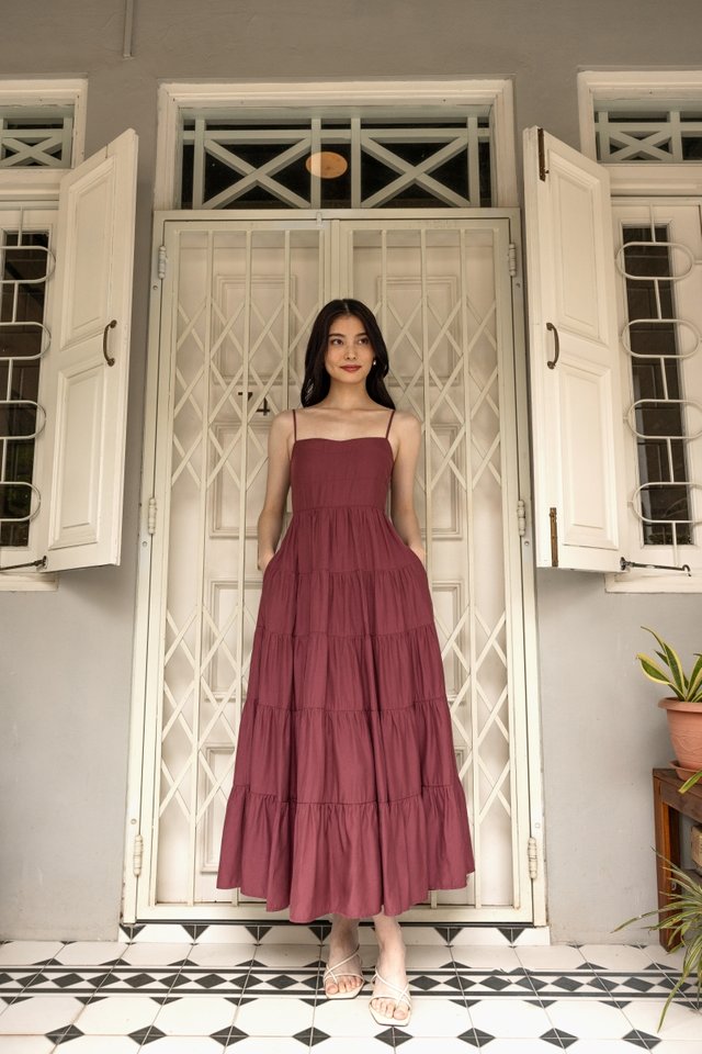 TYLA PADDED RUCHED TIERED MAXI DRESS (ROSEWOOD)