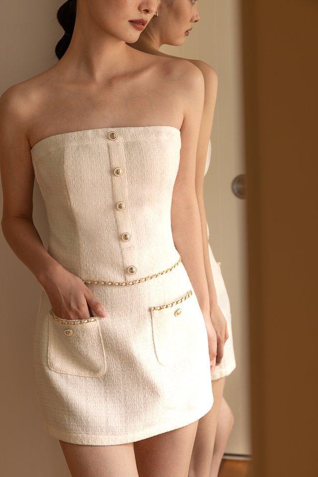 SHELBY PADDED TWEED CHAIN BUTTON TUBE TOP (CHAMPAGNE)