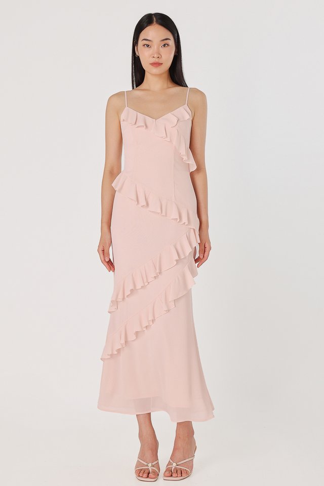 VIOLA PADDED CHIFFON RUFFLE DRAPE MAXI DRESS (PINK)