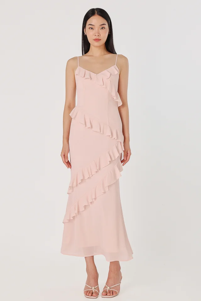 VIOLA PADDED CHIFFON RUFFLE DRAPE MAXI DRESS (PINK)