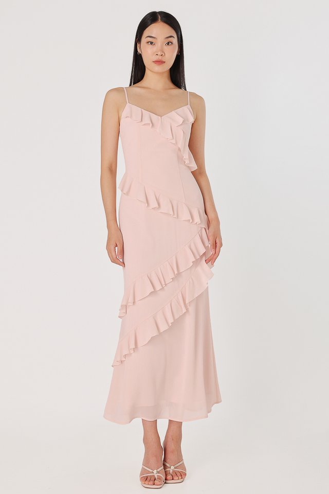 VIOLA PADDED CHIFFON RUFFLE DRAPE MAXI DRESS (PINK)