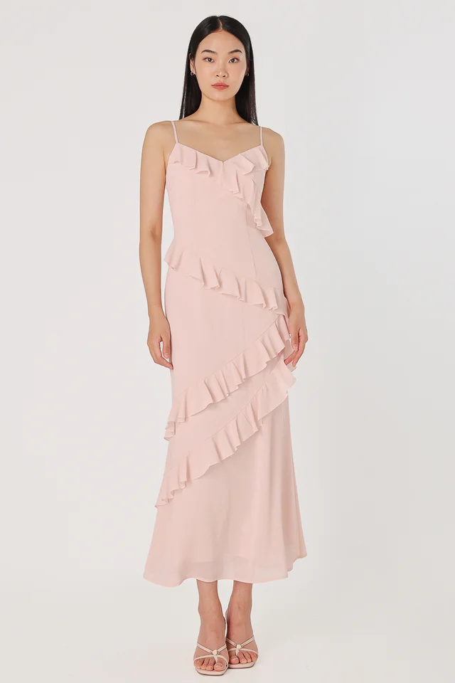 VIOLA PADDED CHIFFON RUFFLE DRAPE MAXI DRESS (PINK)