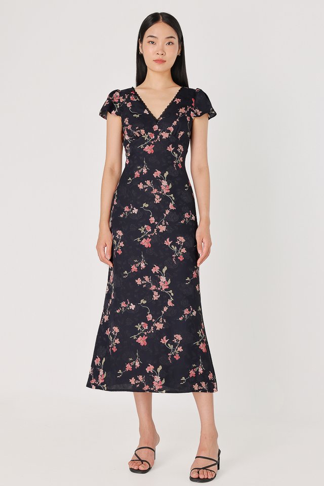 MICA FLORAL LACE TRIM SATIN CAP SLEEVE MAXI DRESS (MIDNIGHT BLUE)