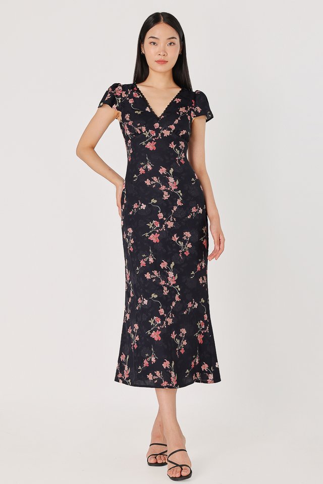 MICA FLORAL LACE TRIM SATIN CAP SLEEVE MAXI DRESS (MIDNIGHT BLUE)