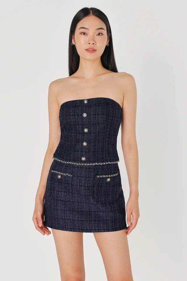 SHELBY PADDED TWEED CHAIN BUTTON TUBE TOP (NAVY)