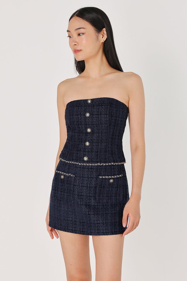 SHELBY PADDED TWEED CHAIN BUTTON TUBE TOP (NAVY)