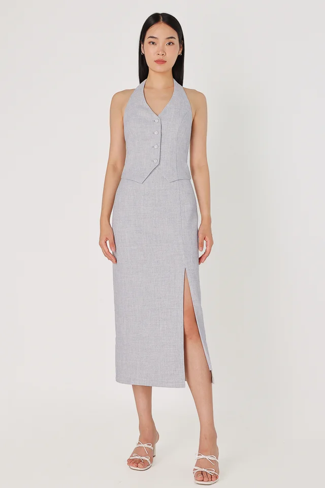 LAVINE TWEED MIDAXI SLIT SKIRT (BLUE)