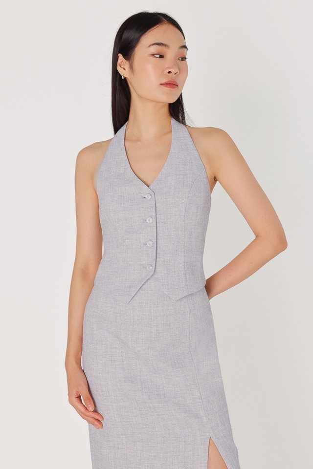 LAVINE TWEED HALTER BUTTON VEST TOP (BLUE)