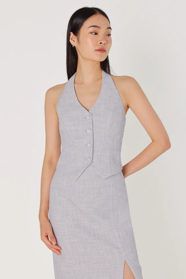LAVINE TWEED HALTER BUTTON VEST TOP (BLUE)